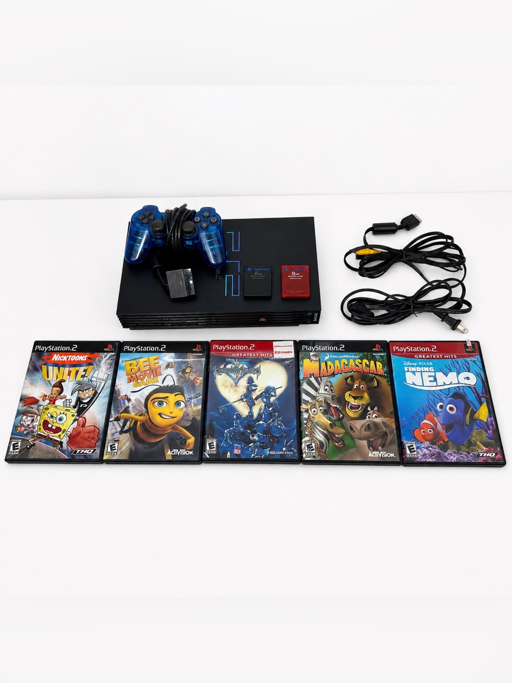 PlayStation 2 Slim Black Console Bundle with Blue Controller and 5 Games